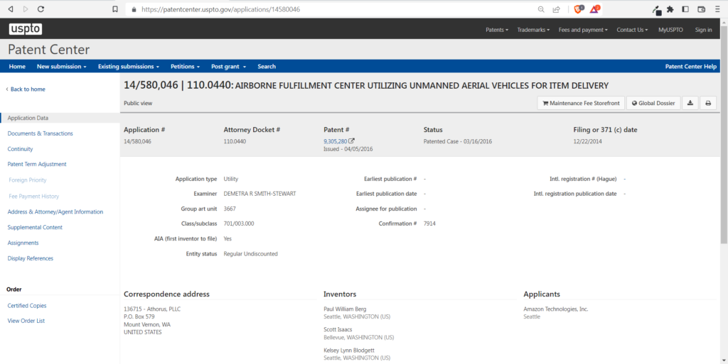 Displays patent application data for filewrapper navigation.