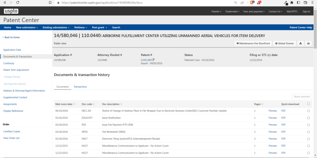 Click on this to see the details of uploaded documents by the applicant and examiner and transactions between the parties for USPTO filewrappers.